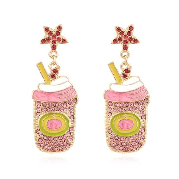 Crystal Rhinestone Boba Bubble Tea Cup Statement Earrings NEW - Picture 1 of 4